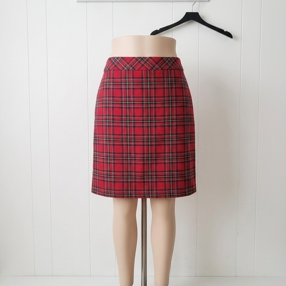 Talbots Red Plaid Pencil Skirt with Black & White Accents